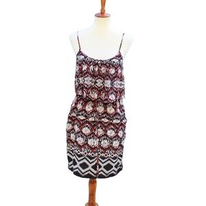 Black and Red Cream Abstract Print Dress Tribal Dress with Overlay Size Large